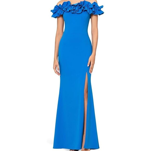 Xscape Turquoise Blue Off the Shoulder Ruffle Crepe Trumpet Gown - Picture 1 of 3